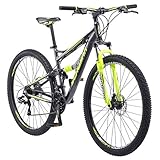 Schwinn Traxion Mens and Womens Mountain Bike, 29-Inch Wheels, 24-Speed Shifters, Full Suspension, Mechanical Disc Brakes, Blue/Grey